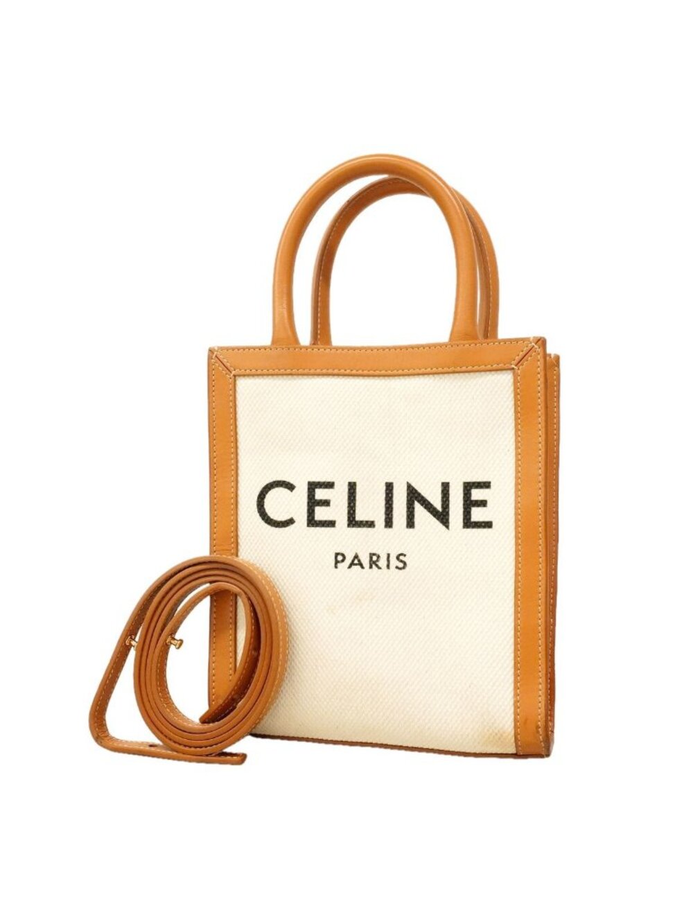Celine Handbag Mini Vertical Cabas Canvas Leather Ivory Brown Gold 2-Way Bag